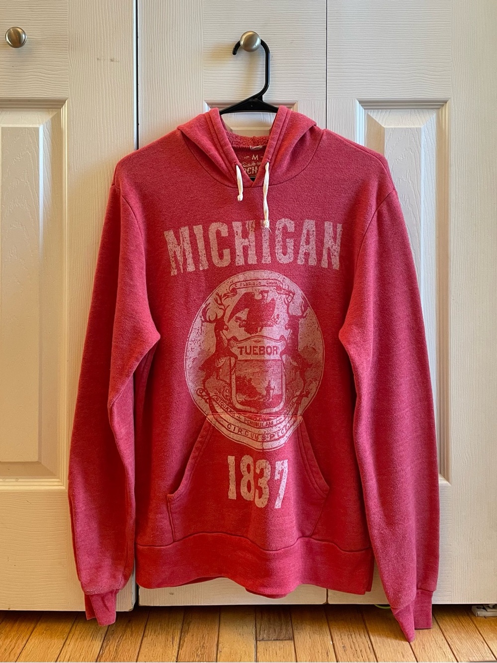 “Michigan 1837” Distressed Graphic Unisex Hoodie (Red)